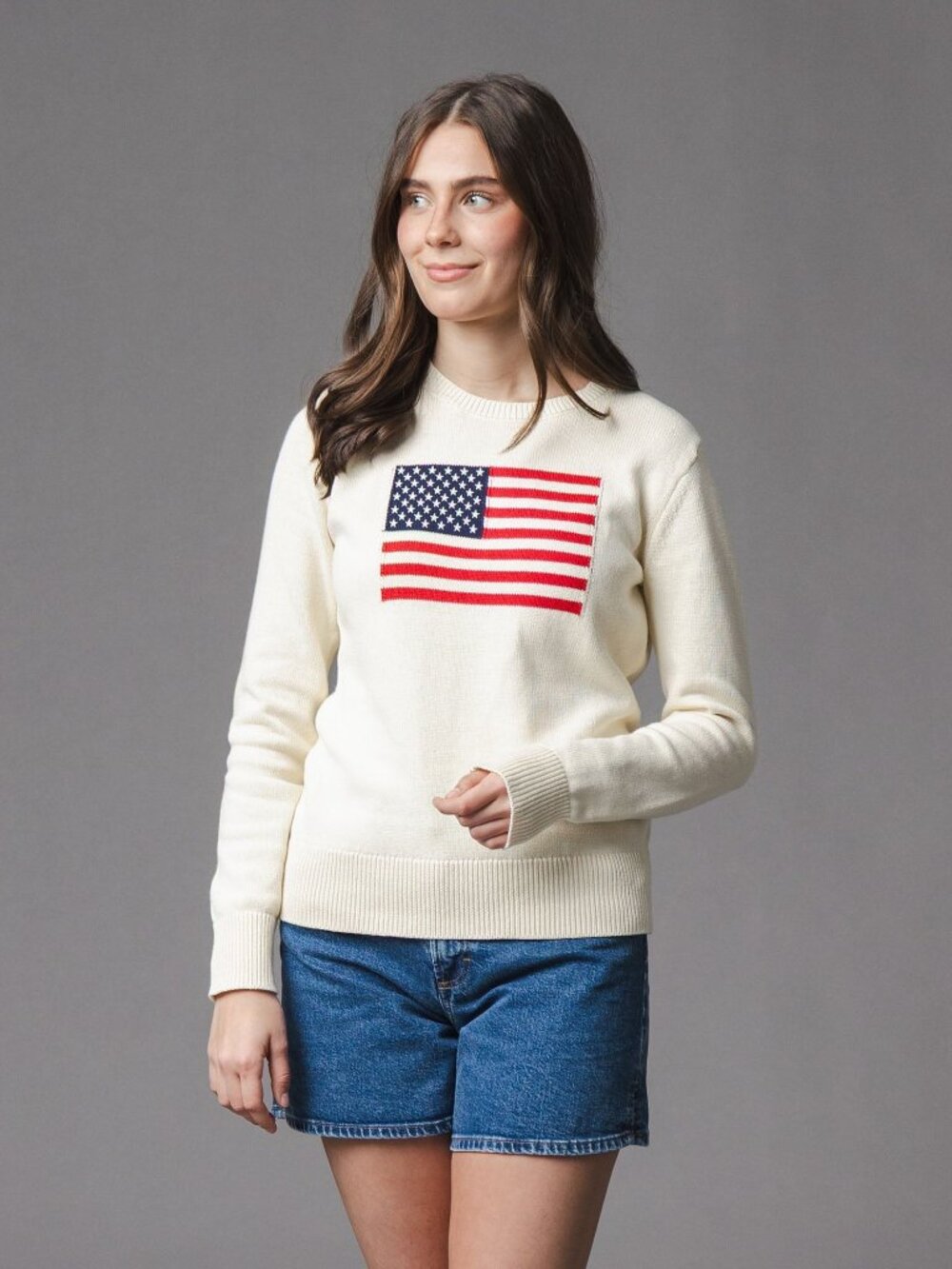 Hope & Henry Organic Crew Neck Flag Sweater - Ivory Flag